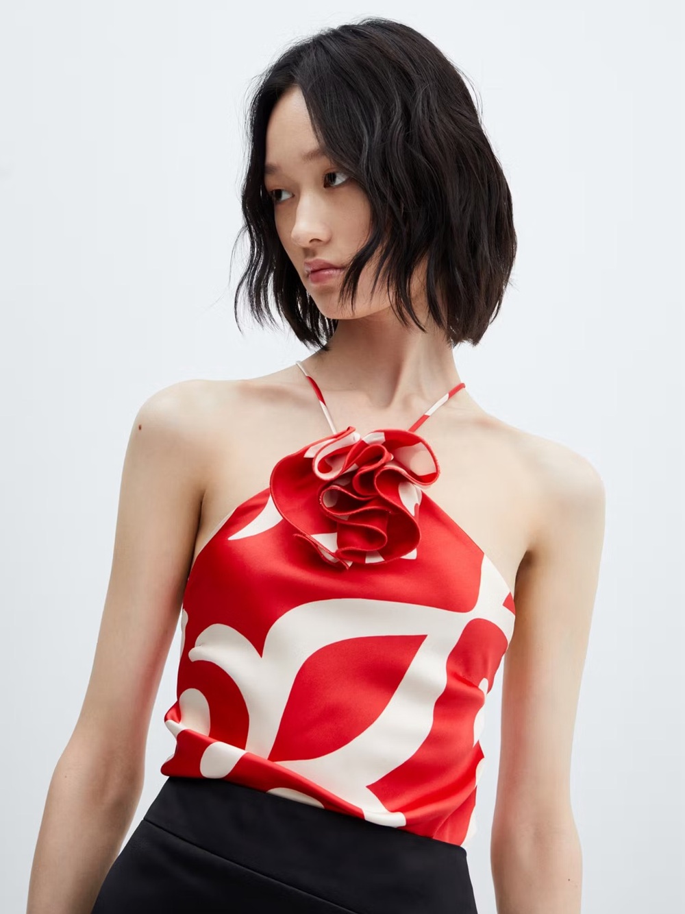 Mango Red Floral Halter Satin Top with Ruffle Detail